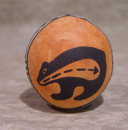 03 - Pueblo Pottery, Miniature Acoma Pottery: Miniature Seed Jar Signed "B.A.", Bear and Line Geometrics Motifs, Commercial Clay (1.75" ht x 1.5" d)