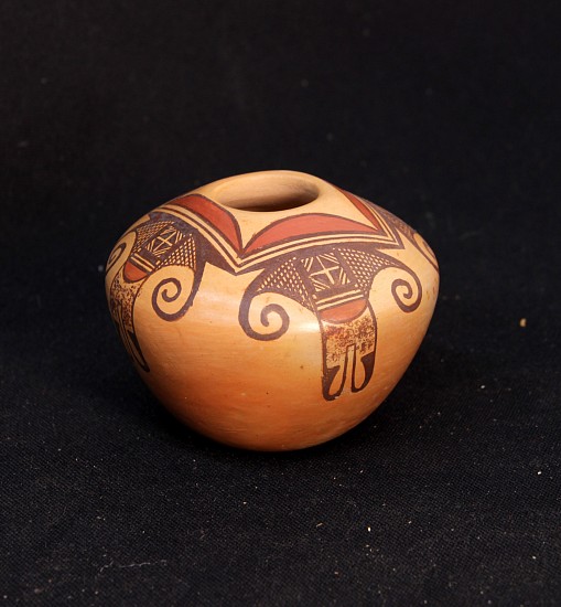 03 - Pueblo Pottery, Hopi Pottery: 1980 Polychrome Jar by Darlene Nampeyo, Sikyatki Inspired Motifs, Abstract Birds (3.5" ht x 4" d)
c. 1980, Hand coiled clay pottery