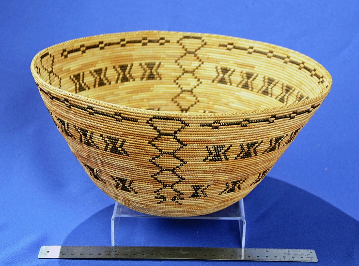 02 - Indian Baskets, Antique Mono Basketry: c. 1900-1925 Large Acorn Feast Bowl with Motifs of Diamondback Rattlensake, Centipede, Coyote Tracks, from Northfork Rancheria (13 3/8" ht x 6 1/2" w)
c. 1900-1925, Sedge root, brackenfern root, and redbud