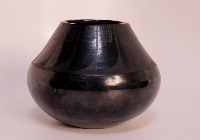 04 - Maria Martinez, Maria Family Pottery, Maximiliana "Anna" Montoya Martinez: Blackware Jar, Feather Motif (6.25" ht x 8.5" d)
c. 1920-1930, Hand coiled clay pottery