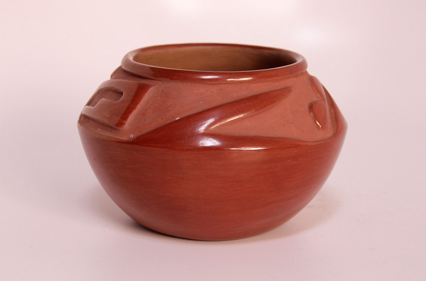 03 - Pueblo Pottery, San Ildefonso Pottery: c. 1950s Incised Redware by Rose Gonzales (4" ht x 6 1/2" d)
c. 1950s, Hand coiled clay pottery