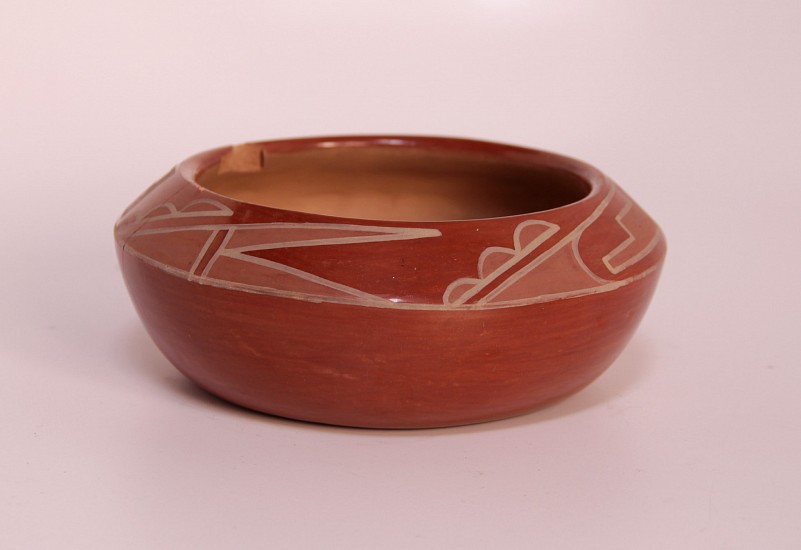 03 - Pueblo Pottery, San Ildefonso Pottery: c. 1950s Redware by Rose Gonzales (2" ht x 6" d)
c. 1950s, Hand coiled clay pottery