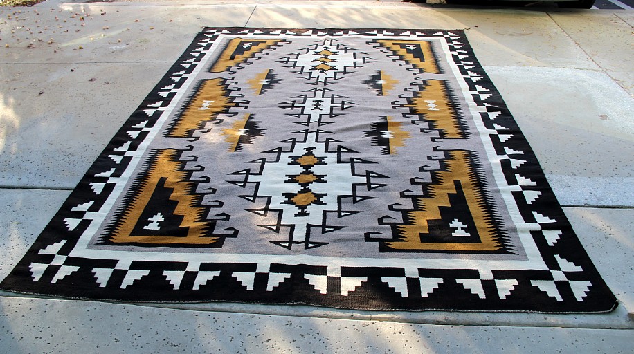 01 - Navajo Textiles, ROOM-SIZED Navajo Rug: Natural / Two Grey Hills with White, Grey, Gold, Black, in Excellent Condition (80" x 107")
Mid 20th century, Handspun wool