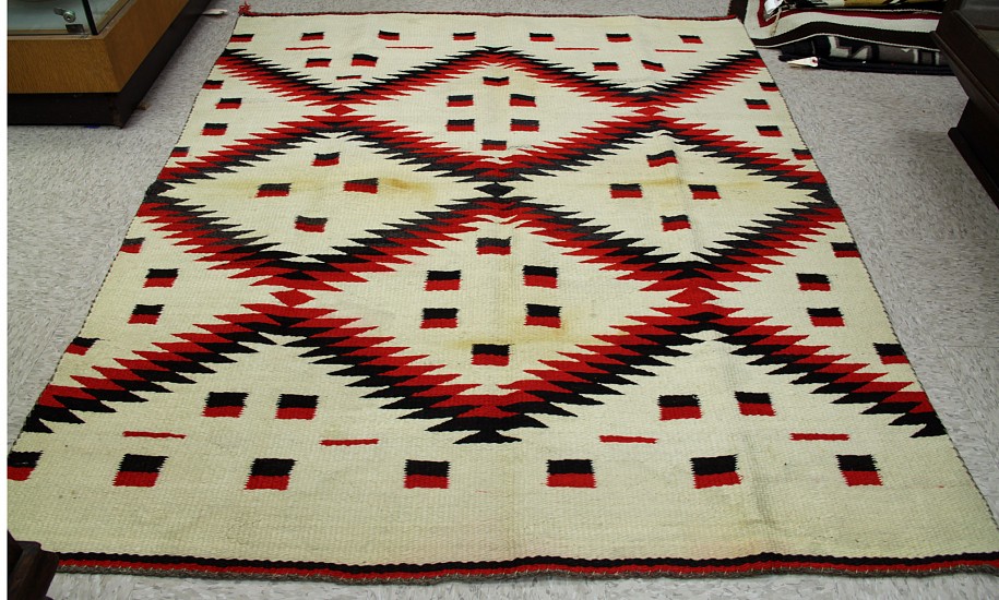 01 - Navajo Textiles, circa 1880 Navajo Transitional Blanket Red/Black/White 56" x 69"
1880, Handspun wool
