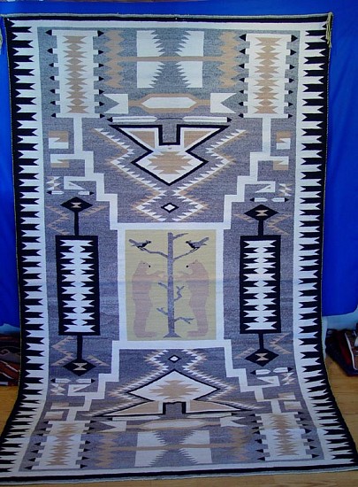 01 - Navajo Textiles, HUGE Navajo Rug: c. 1970 Tree of Life Pictorial, Storm Pattern, with Two Standing Bears, Near Mint/Mint Condition (5' 7" x 9'3")
1970, Handspun wool
