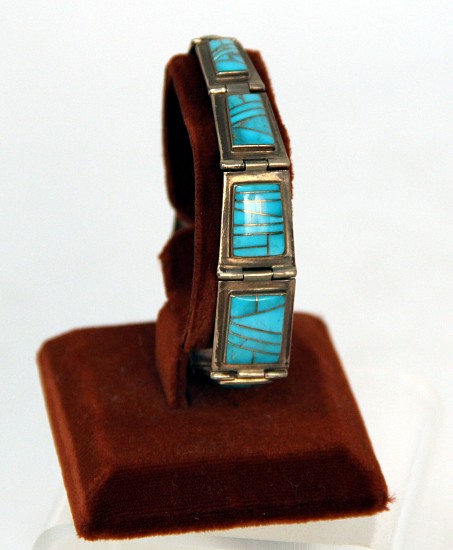 08 - Jewelry-New, Navajo Link Bracelet, Hallmarked: Turquoise Channel Inlay (8.25")