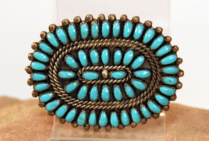 07 - Jewelry-Old, Zuni Pin, Hallmarked "P & V BYJOE": Turquoise Petit-Point Cluster (1.75" x 2")
c. 1960, Sterling Silver and Turquoise