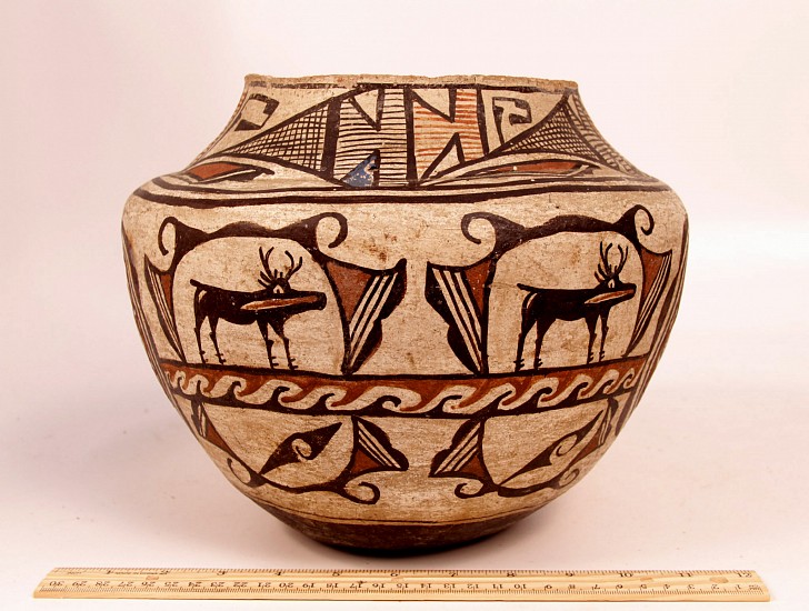 03 - Pueblo Pottery, Historic Era Zuni Pottery: c. 1890 Polychrome Pictorial Olla, Deer Motif (8.5" ht x 11" d)
c. 1890, Hand coiled clay pottery