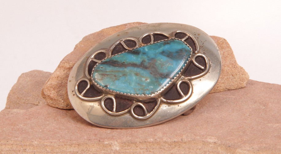 07 - Jewelry-Old, Navajo Belt Buckle: Oval, Turquoise Setting, Sterling Silver Overlay (1.5" x 2.25")
c. 1970, Sterling Silver and Turquoise
