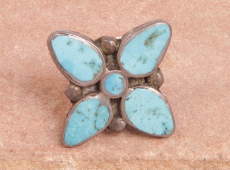 07 - Jewelry-Old, Antique Zuni Tie Tack: Four Petal Flower, Turquoise
c. 1950, Sterling Silver and Turquoise