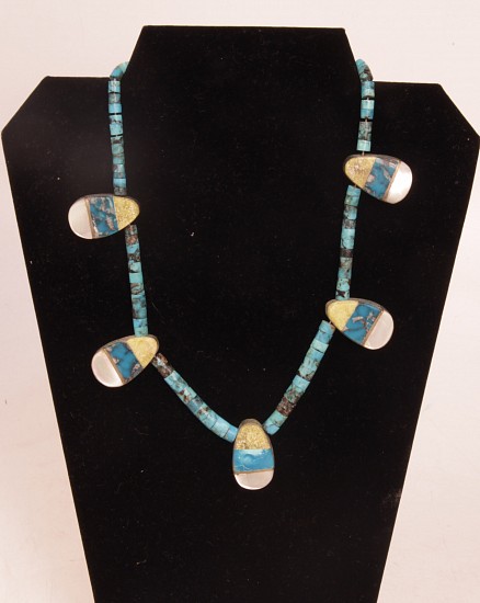 07 - Jewelry-Old, Santo Domingo Necklace: Five Paddles, Turquoise, Multistone Inlay (18")
c. 1950-1960