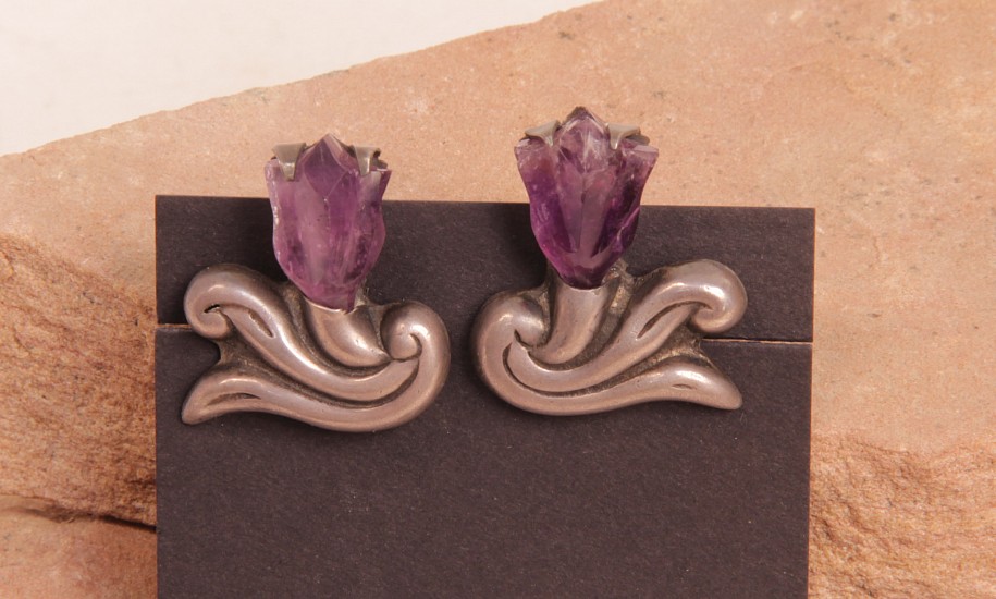 07 - Jewelry-Old, Taxco Screwback Earrings by Frederick Davis (1880-1961): Amethyst on Sterling Silver, Floral Motif (1")
c. 1940s