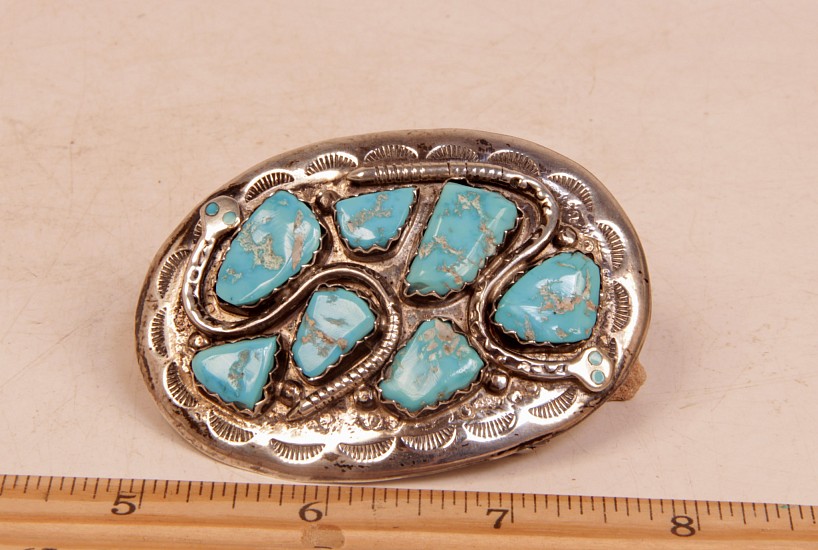 08 - Jewelry-New, Zuni Sterling Silver & Turquoise Belt Buckle by Effie Calavaza c.1980s 3" x 2"