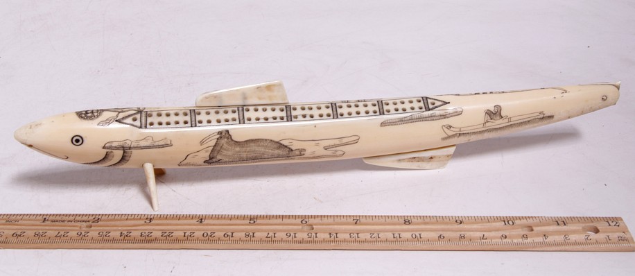 10 - Pacific Northwest, Eskimo/Inuit Ivory Cribbage Board /w Seal & Fish Motifs 12 1/2"