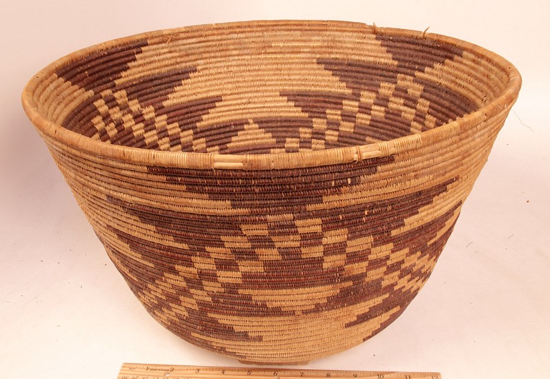 02 - Indian Baskets, Large Maidu Basketry Bowl /w Triangle Motifs 17 1/2" x 10" c.1920s
